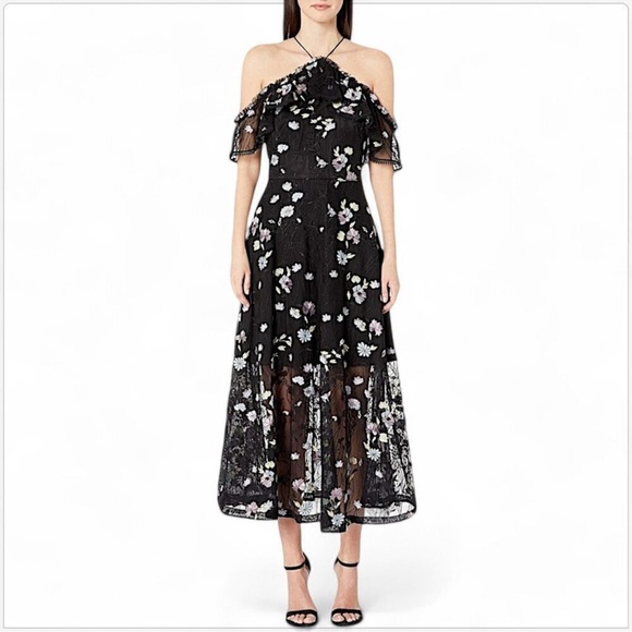 Monique Lhuillier Dresses & Skirts - Monique Lhuillier Black Lace Embroidered Mesh Cold Shoulder Midi Dress Sz 14